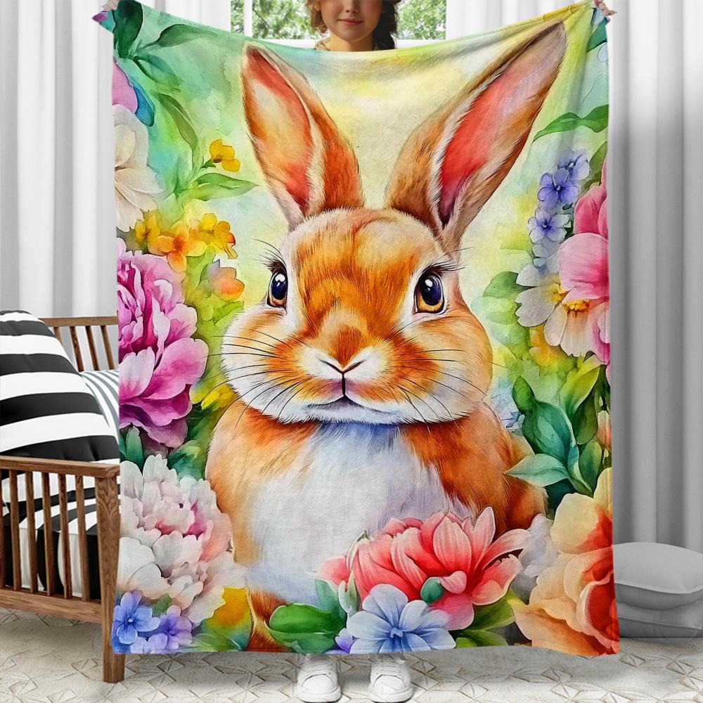 Watercolor Bunny Floral Garden Flannel Blanket Spring Nature Art Soft Throw Pillow Cover Home Decor Cute Animal Print Blanket