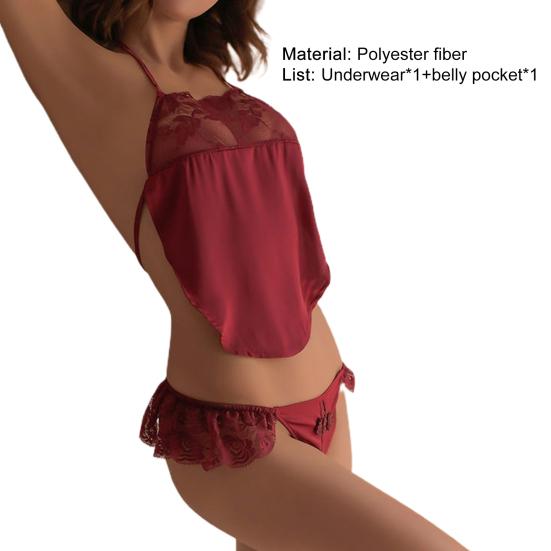 2Pcs/Set Women Underwear Deep V-Neck Open Crotch with Thong Exotic Sexy Underwear Lace Bellyband Set Women