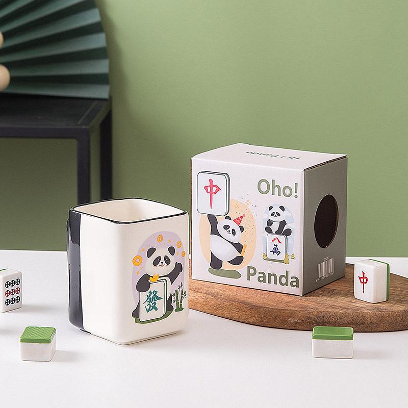 Creative Panda Mahjong Ceramic Cup Make a Fortune Good Luck Chess and Card Room Gift Coffee Cup Personalized Home Breakfast Milk Cup