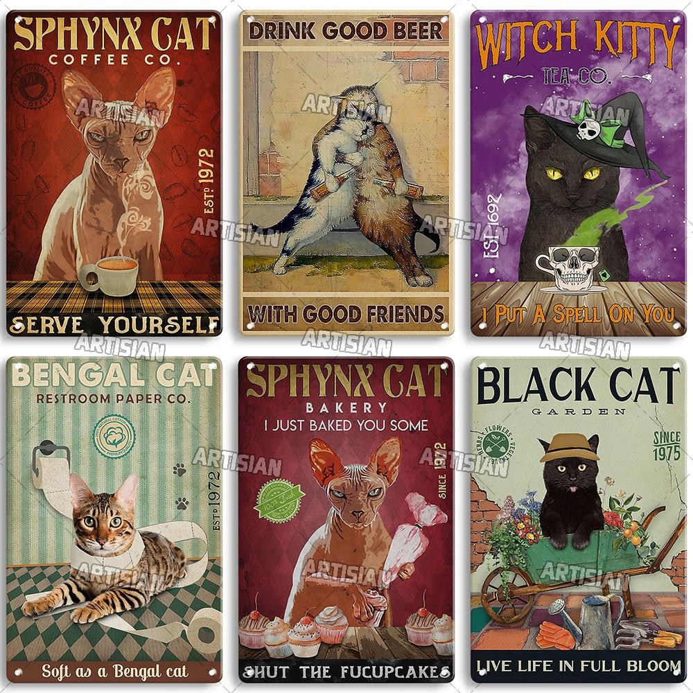 Artisanisches Tier Schwarze Katze Retro Metallposter Lustiges Haustier Vintage Dekorative Blechplakette Garage Bar Pub Club Man Cave Wanddeko