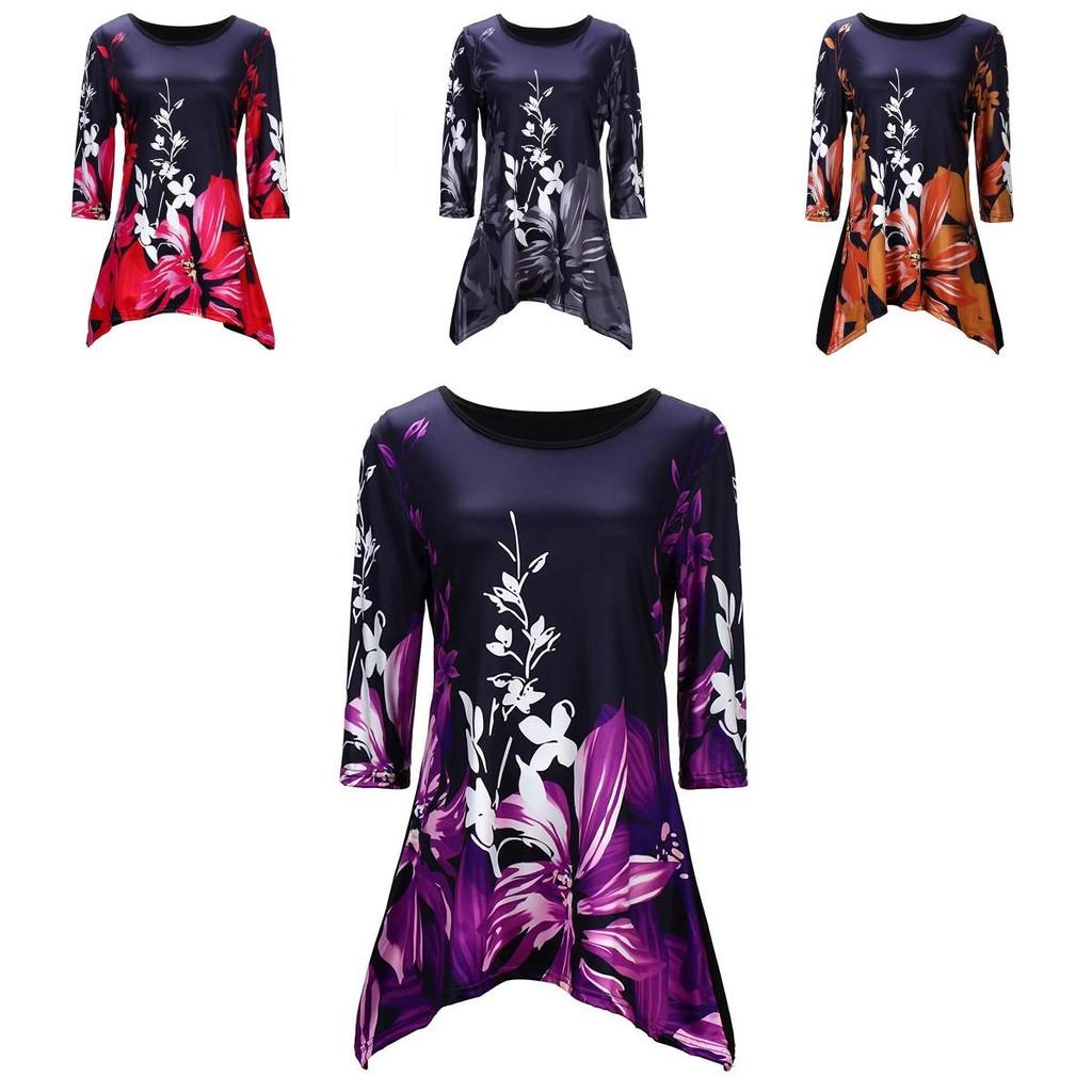 Plus Size Womens Asymmetric Floral Printed Short Sleeve Tunic Blouse For Summer Comfort