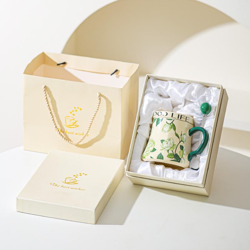 Lily of The Valley Ceramic Water Cup Home Office Large Capacity Coffee Cup Breakfast Cup with Lid Design Coffee Cup