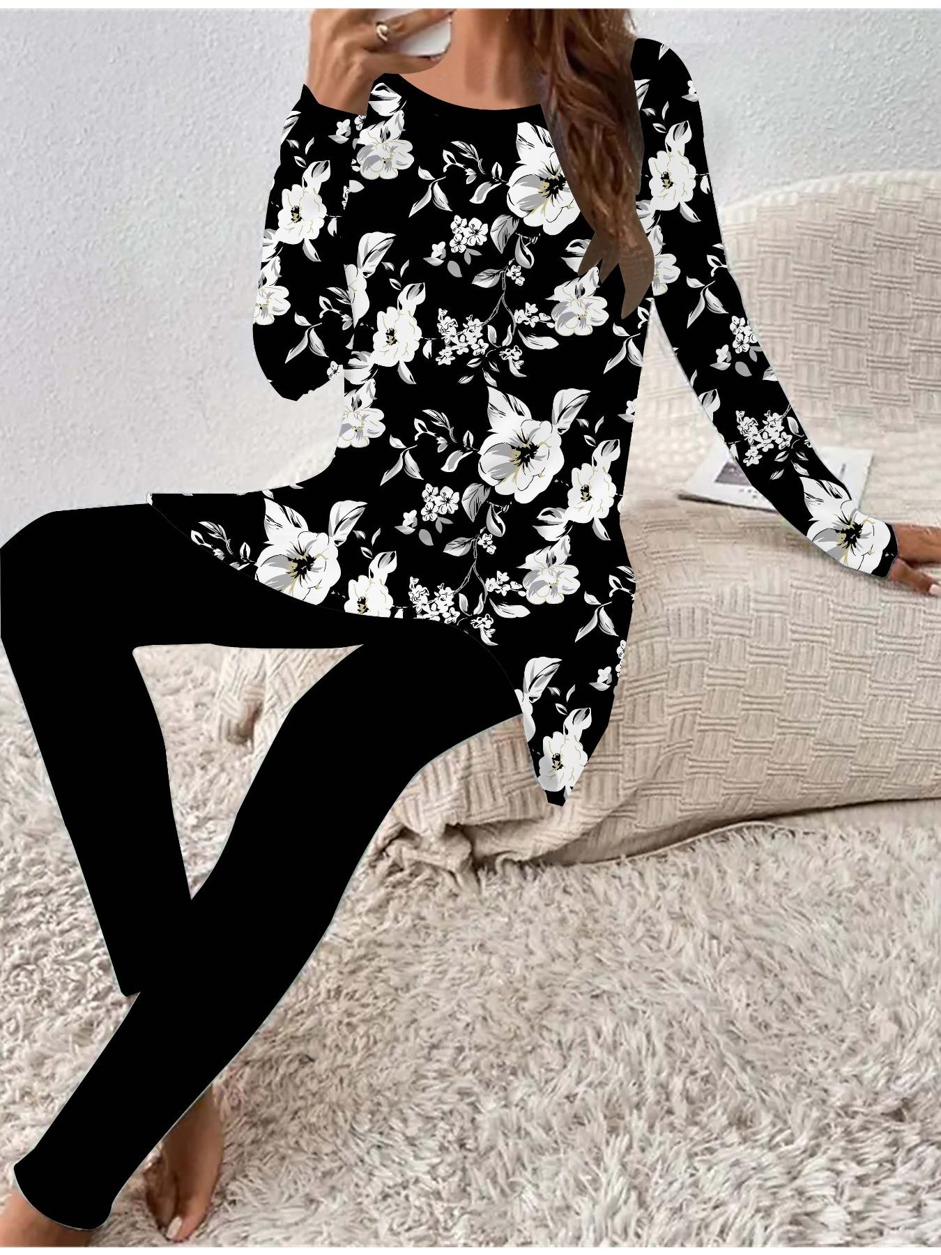 

Евро-американская мода Женский всесезонный комплект из двух предметов: футболка с длинным рукавом с 3D-принтом цветов + длинные брюки. Идеальный подарок на Новый год и Рождество 8XL серый