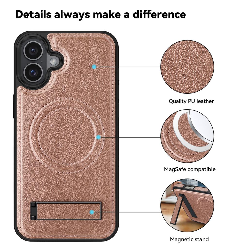 For iPhone 16 Plus Case Compatible with MagSafe with Folded Kickstand PC Silicone Leather Phone Back Cover