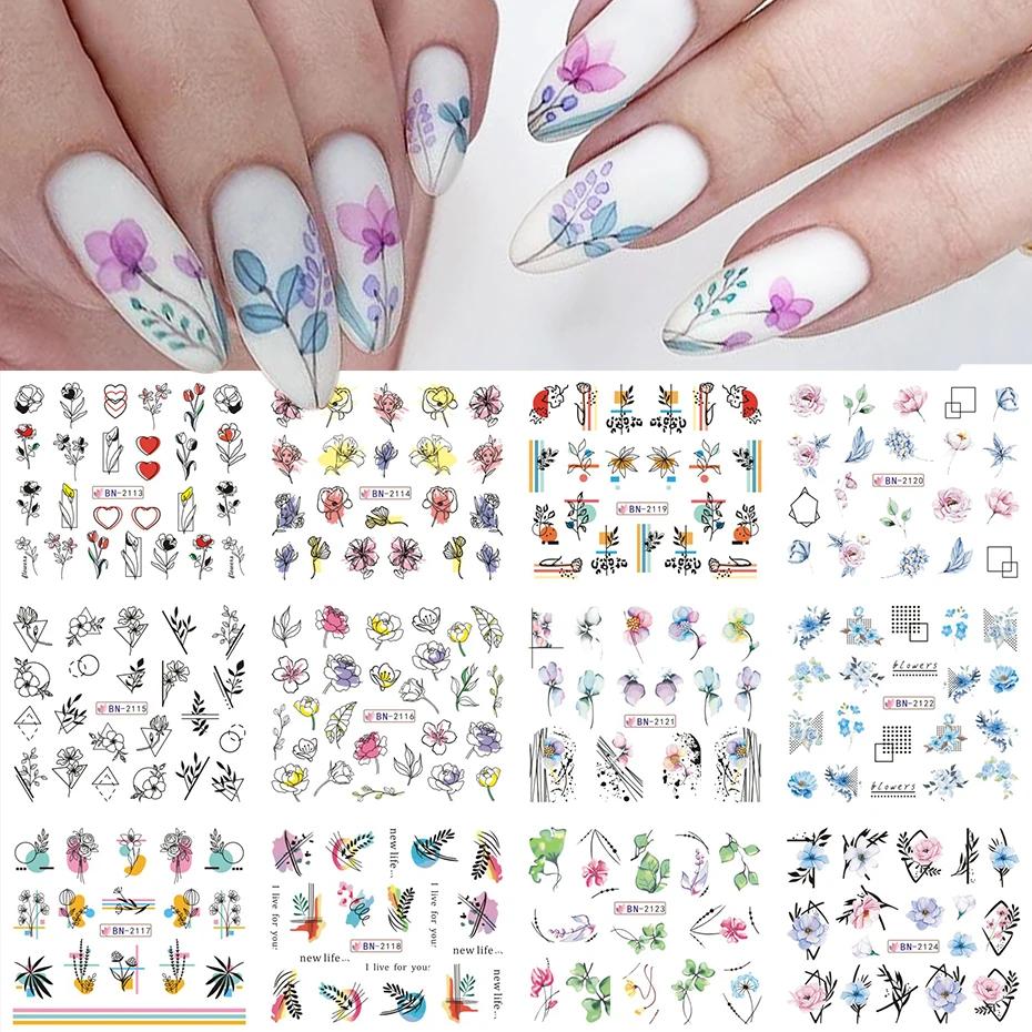 12pcs Geometry Flower Leaf Nail Stickers Line Graffiti Painted Colorful Water Decal Link Blooming Slider for Nail Decoration