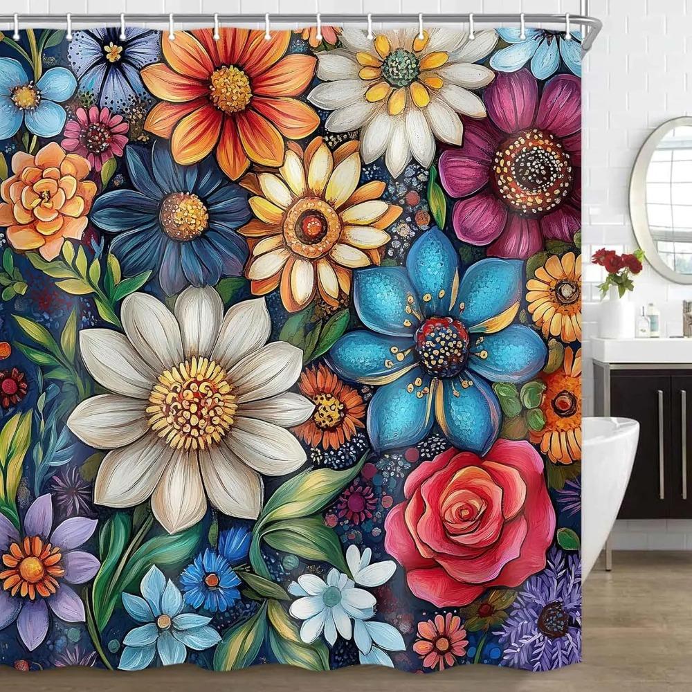 Boho Floral Printed Shower Curtain Watercolor Flower Vintage Plant For Bathroom Decor