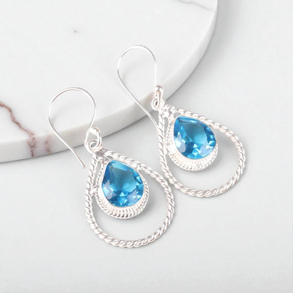 Swiss Blue Topaz Gemstone 925 Sterling Silver Jewelry Handcrafted Earrings1.70" EE-96-9
