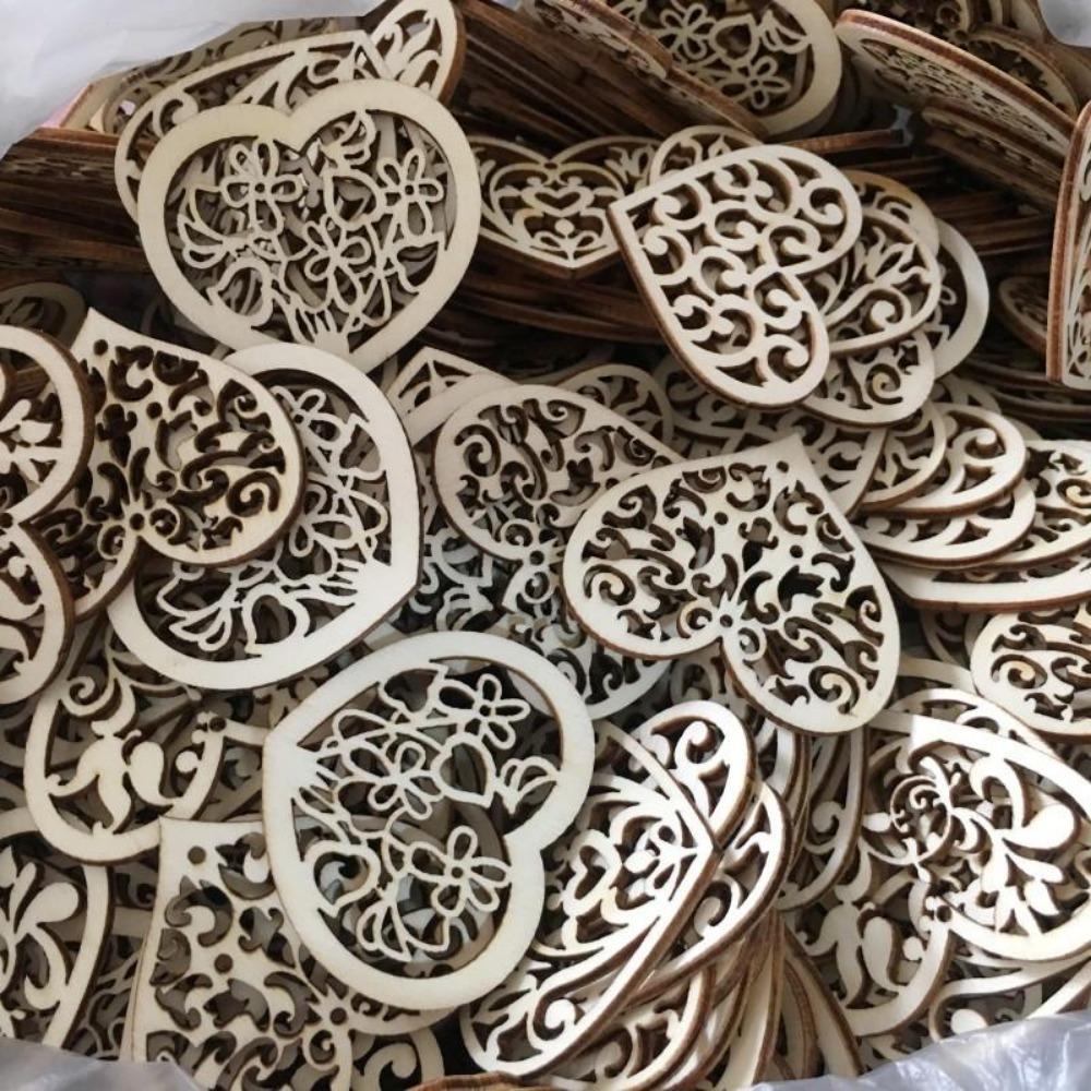 50/100pcs Wood Crafts Hollow Carved Flowers Love Wood Chip Hole Ornaments DIY Jewelry Accessories Home Decoration Pendants