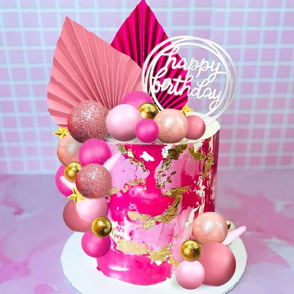 32-teiliges Set rosa Kugeln und Palmenblätter als Kuchendekoration im Boho-Stil für Hochzeiten und Geburtstage