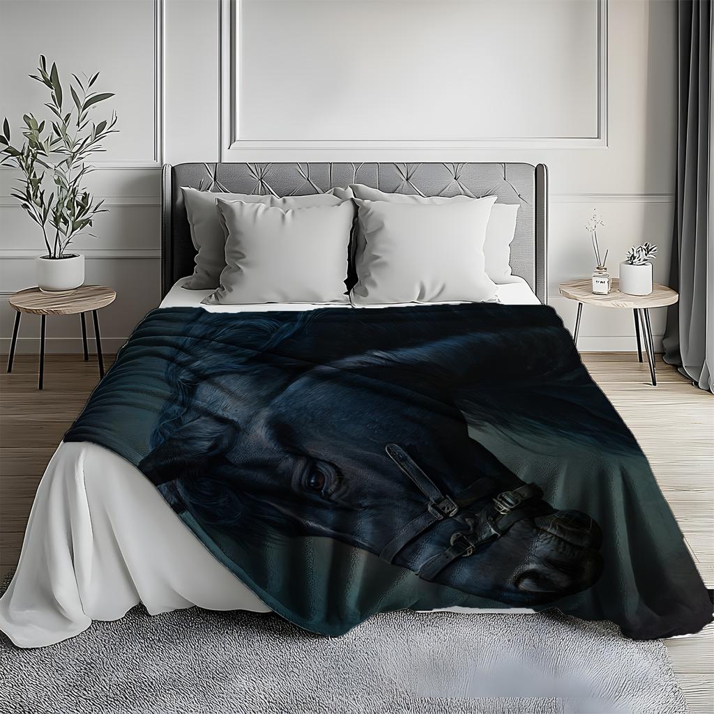 1pc Zeal Lily Vintage Black Horse Portrait Flannel Throw Blanket - Dark Brown/Blue/Gray/Teal Elegant Equine Design, Soft All-Sea