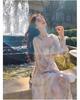 Women's Floral Chiffon Puff Sleeve Dress - French Square Neck, Spring/Autumn Fairy Mori Girl Style