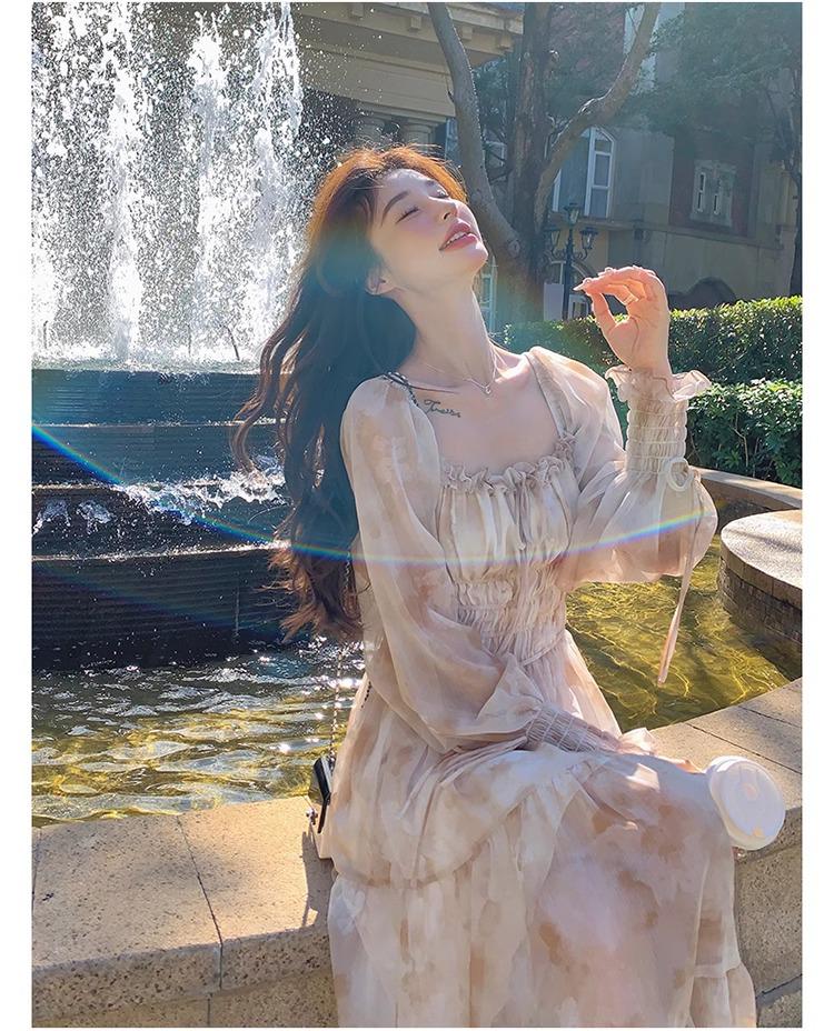 Women's Floral Chiffon Puff Sleeve Dress - French Square Neck, Spring/Autumn Fairy Mori Girl Style