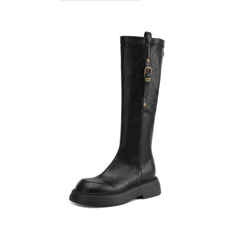 Korean version of the new round-headed high boots, thick-soled large-size women's boots, non-slip medium-heeled leather boots, square and autumn and