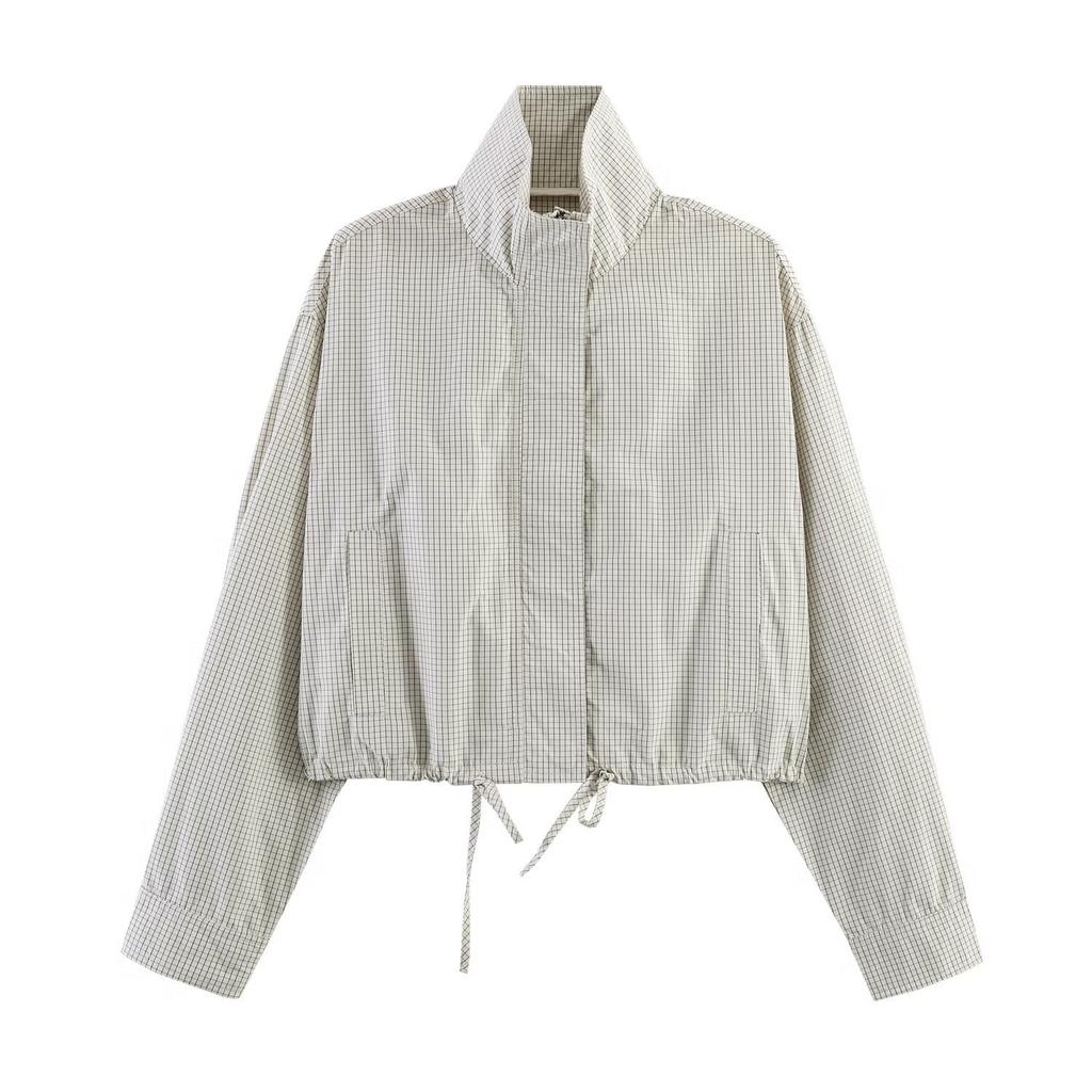 2026 Spring New Product European and American Cross-border Women's Clothing Street Fashion Stand-up Collar Plaid Nylon Jacket W021 83003