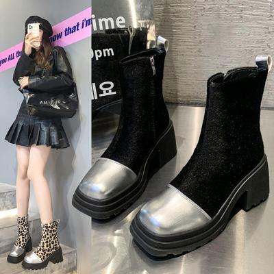 Fashion Thick-soled Round-toe Cigar Boots Women's High-heel Wide-step Short Boots Mid-calf 2024 Arrival Autumn/winter New  Womens Shoes