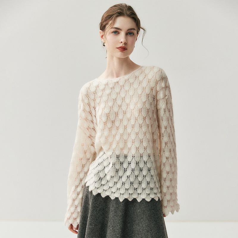 Women's Off-Shoulder Cashmere Knit Floral Petal Sweater - Lightweight, Spring/Autumn, Cozy Style