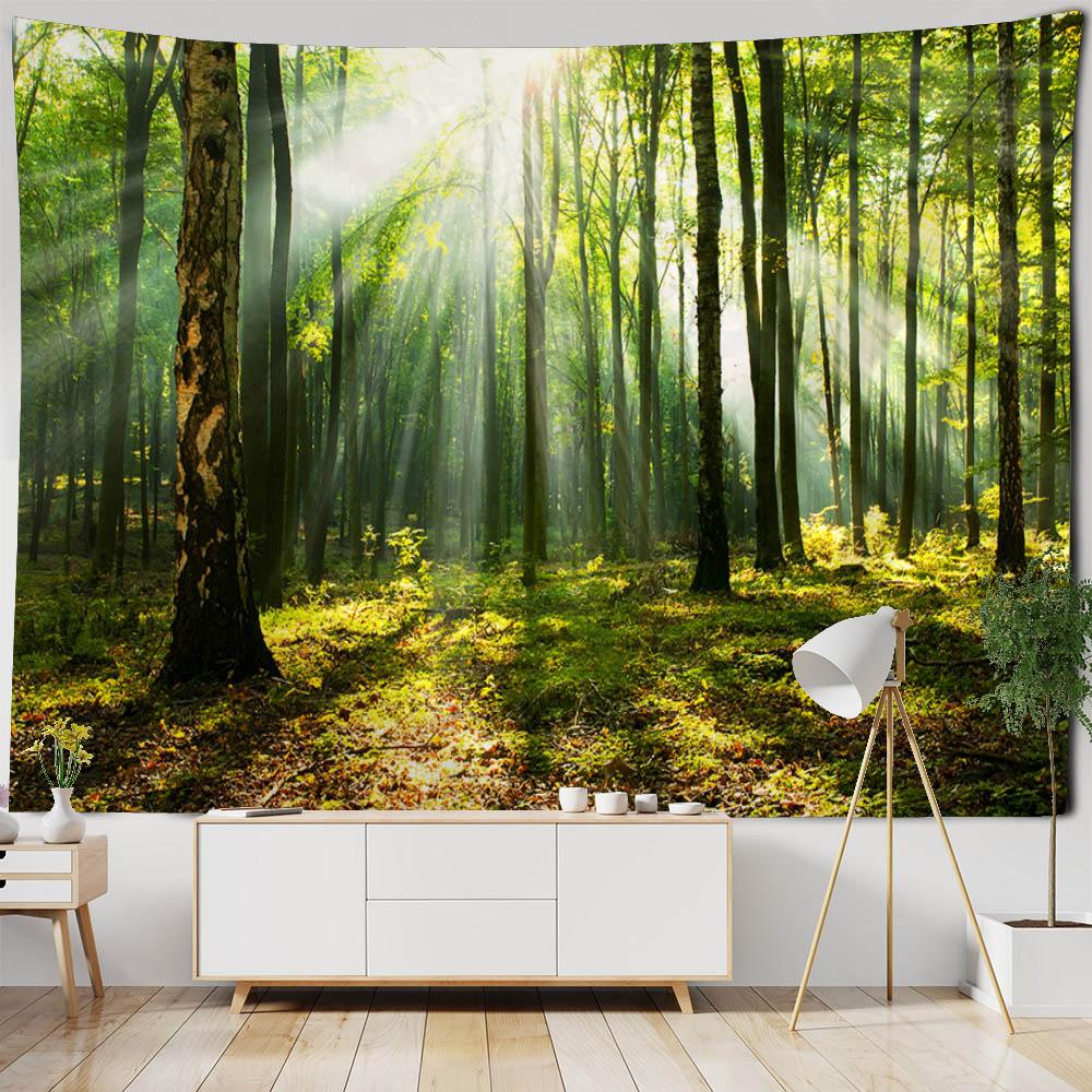 Sunshine Forest Tapestry Natural Landscape Wall Hanging Hippie Home Living Room Bedroom Background Cloth Poster Blanket