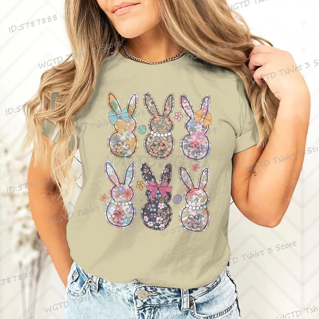 Retro Easter Bunny Floral Design Women Tshirt Graphic Gift for Easter Day Classic Tops Tees Flower Abbit Bunny Vintage T Shirts