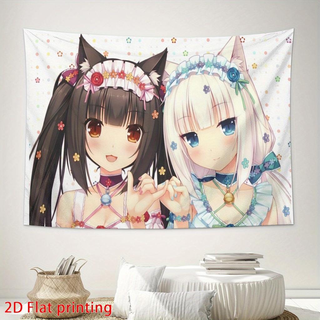 Anime Cat Girls Tapestry Kawaii Japanese Cartoon Wall Hanging Cute Maid Outfit Chibi Characters Room Decor Otaku Gift Idea