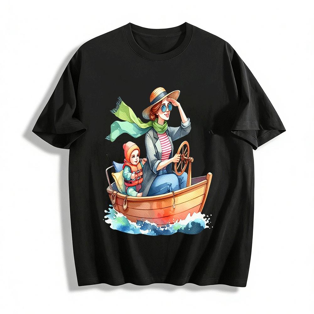Mom And Baby Sailing Print Top Warm Nautical Themed Casual Tee Pure cotton T-shirt XXS