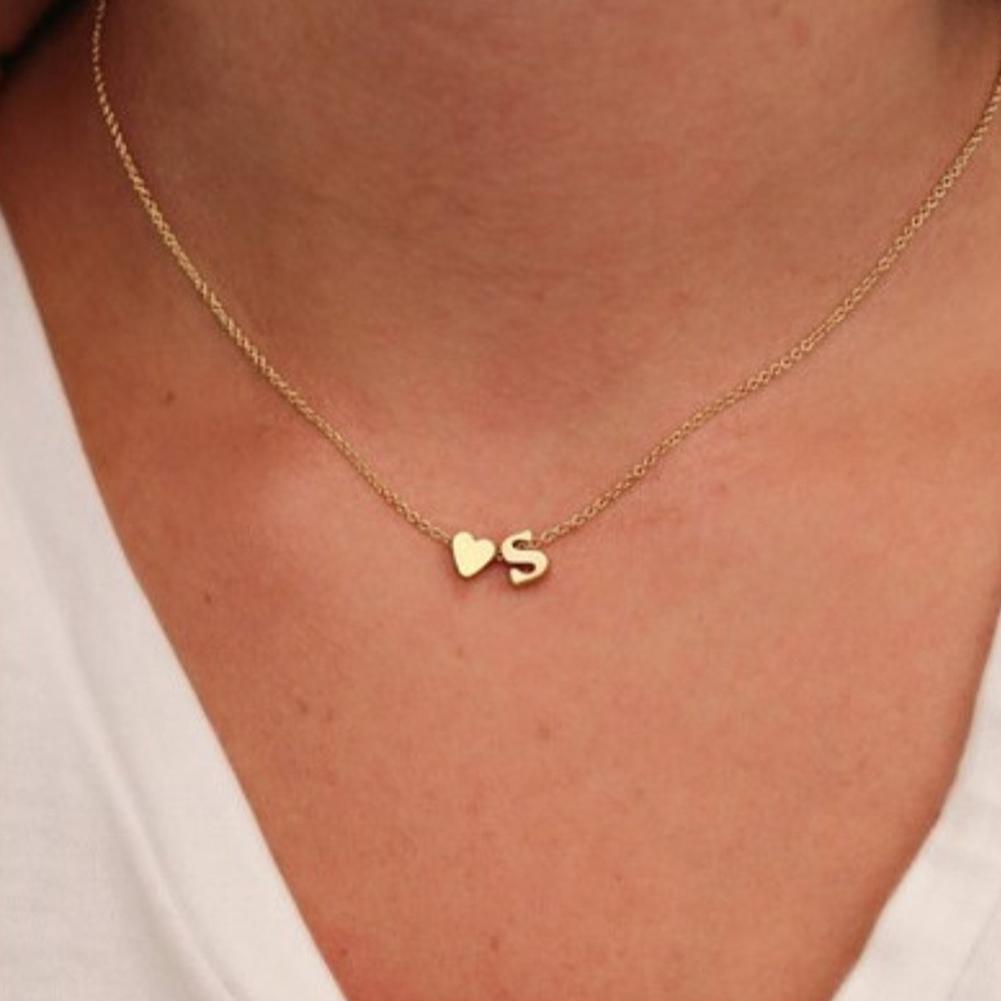 Women Fashion Simple Design Heart Shape 26 Letter Pendant Necklace Jewelry