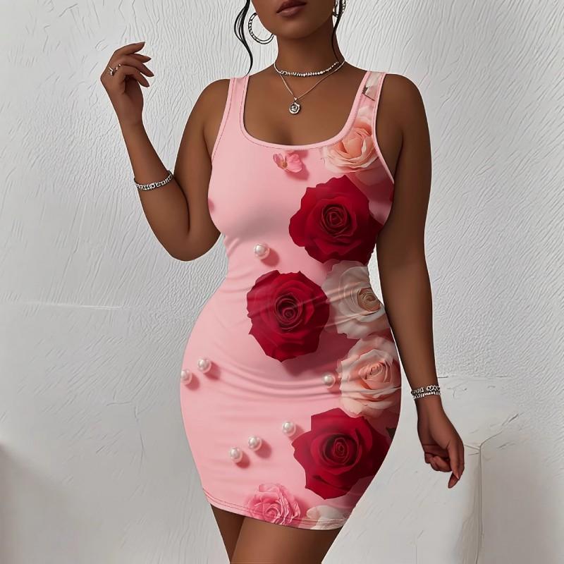 Womens Sleeveless Bodycon Midi Dress With 3D Print Breathable Lightweight Casual Office Wear