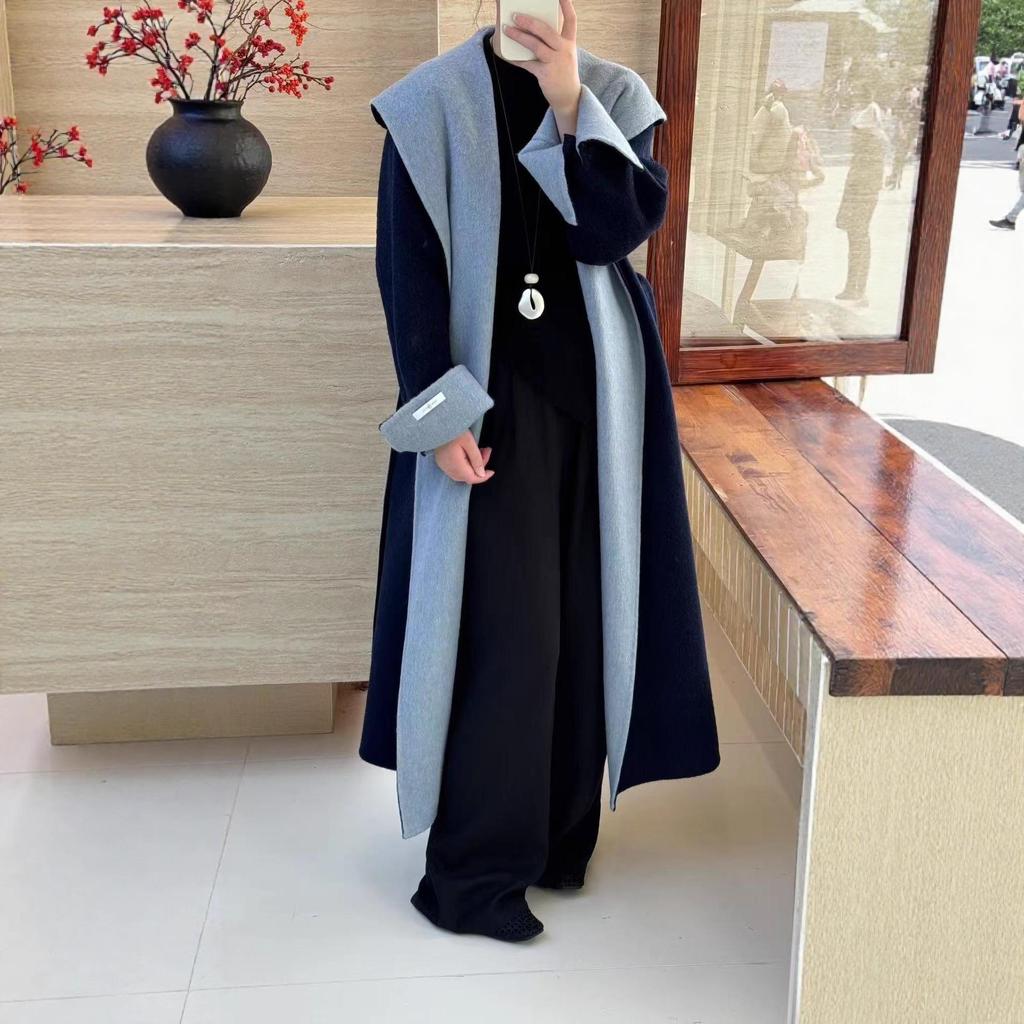 Cloud Floss Women's Double-Faced Wool Coat: Tie-Waist Hooded, Large Lapel, Loose Fit, Thickened Temperament Overcoat.