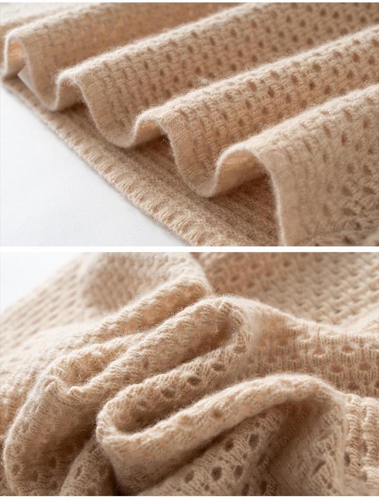 Solid Color Cashmere Hollowed-Out Retro Round Neck Long Sleeve Sweater - Autumn Winter Versatile Loose Knitwear