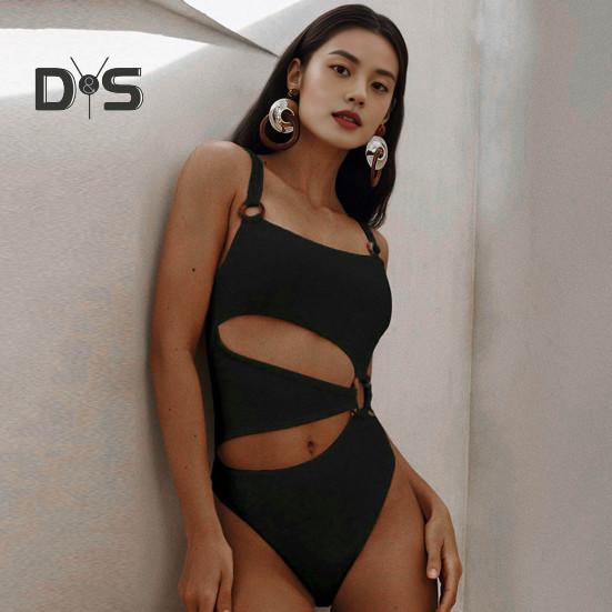 Women Monokini Padded Underwire Solid Color Square Neck One-Piece Bikini with Hollow Design Beach Vacation Swimwear