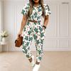 Women Plus Size White Purple Printed Round Neck Short Sleeve Top Drawstring Cuffed Pocket Pants Two Piece Set