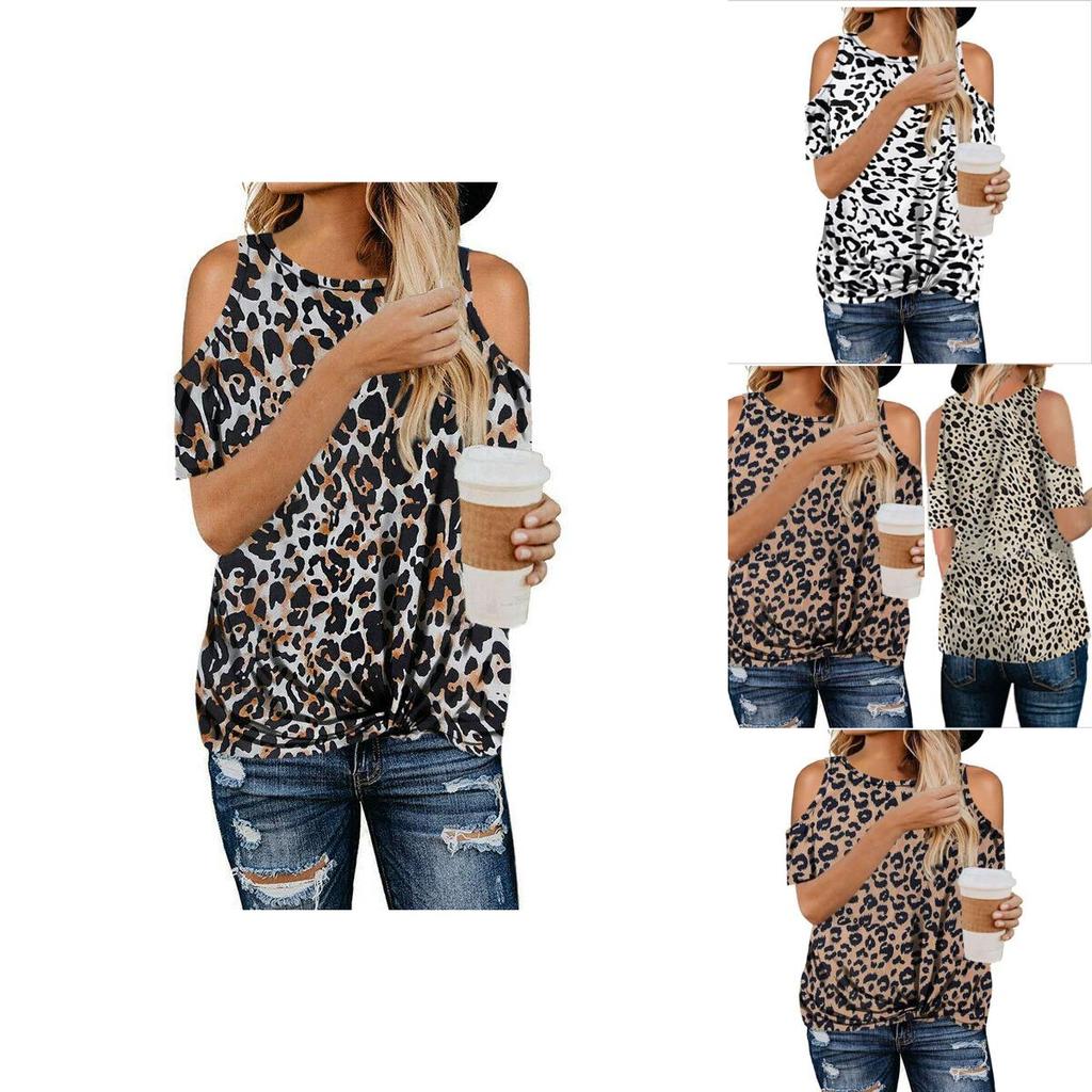 Elegante T-shirt da Donna con Stampa Leopardata e Design Cold Shoulder Perfetta per l'Estate
