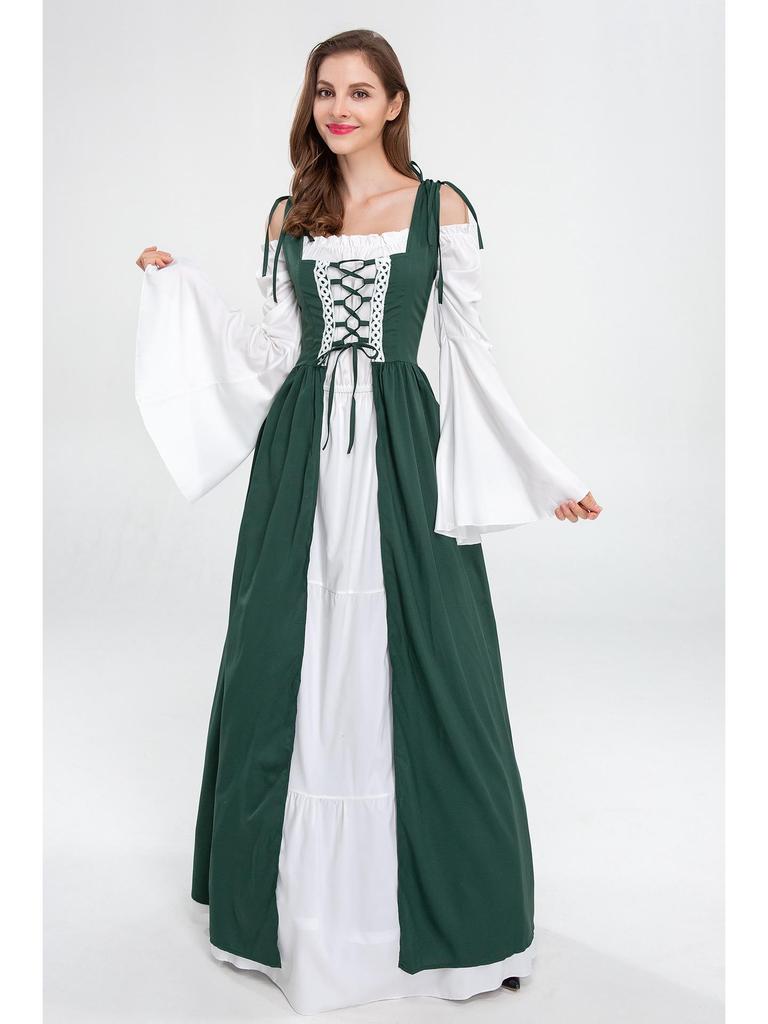 European and American Vintage Medieval Renaissance Square Neck Lace-Up Corset Halloween Costume Dress