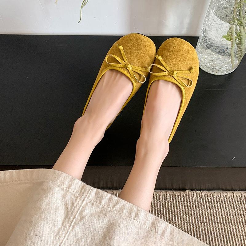 Macaronfarbene Ballerinas mit sanften, weichen Sohlen, flachem Ausschnitt, flachem Boden, Schleife, matter runder Zehenpartie, Damen-Ein-Fuß-Schuhe