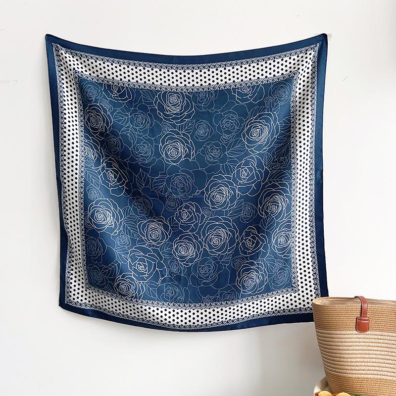 1116 New Camellia Print Silk Scarf, Summer Thin High-End Korean Fashion Chest Wrap Square Scarf and Headscarf Decoration