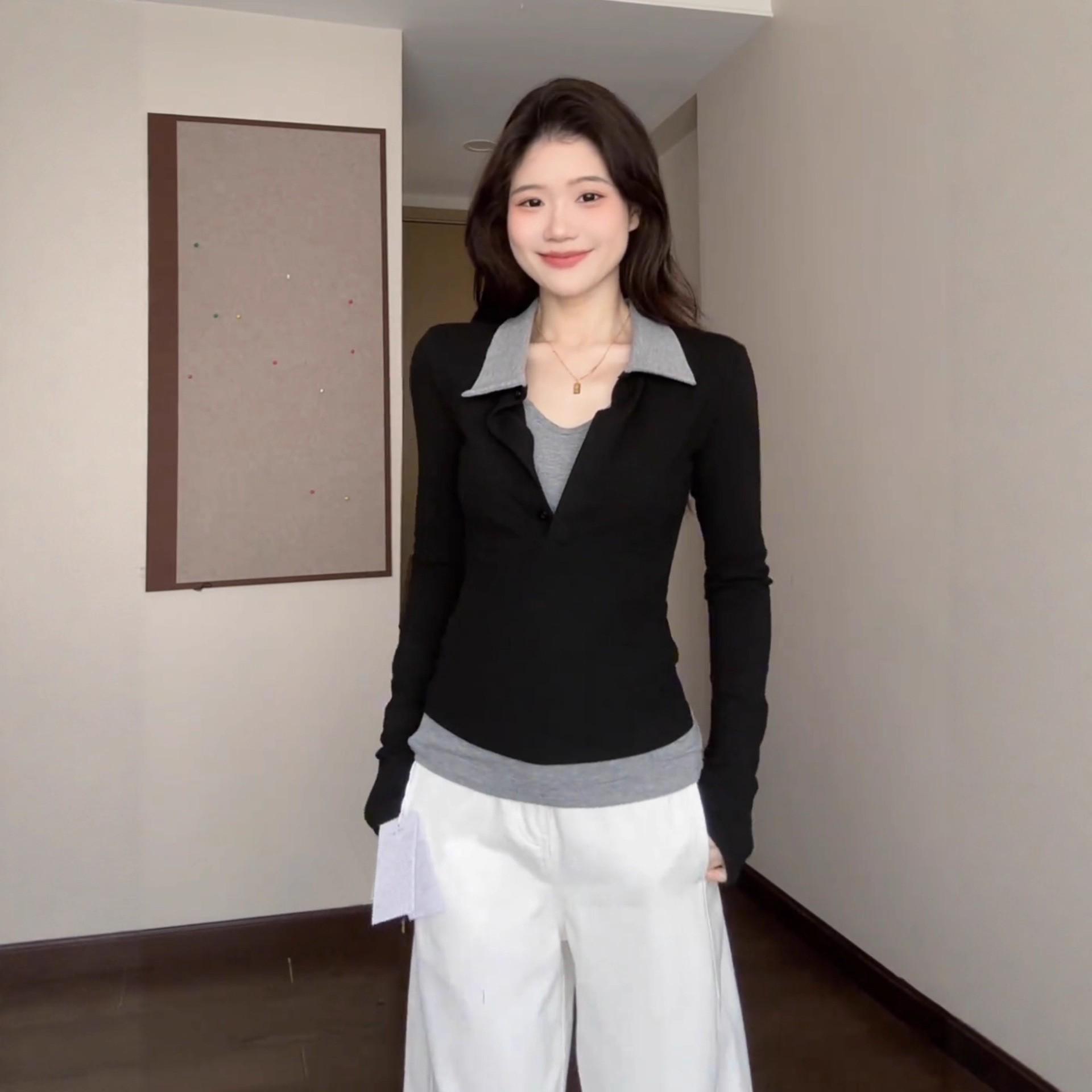 

Women s Chic Color Block Long-Sleeve T-Shirt: Stylish Korean Slim Fit for Autumn & Winter Medium