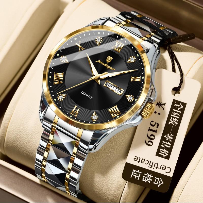 Mens Luxury Dual Calendar Quartz Watch With Luminous Hands Date Day Display Stainless Steel Band 42mm Round Dial