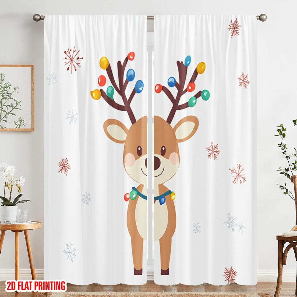 2pcs,2D Plane Printing Curtain Fabric Cute Christmas Deer Snowfall Holiday (3) Versatile 100% Polyester (without Rod)