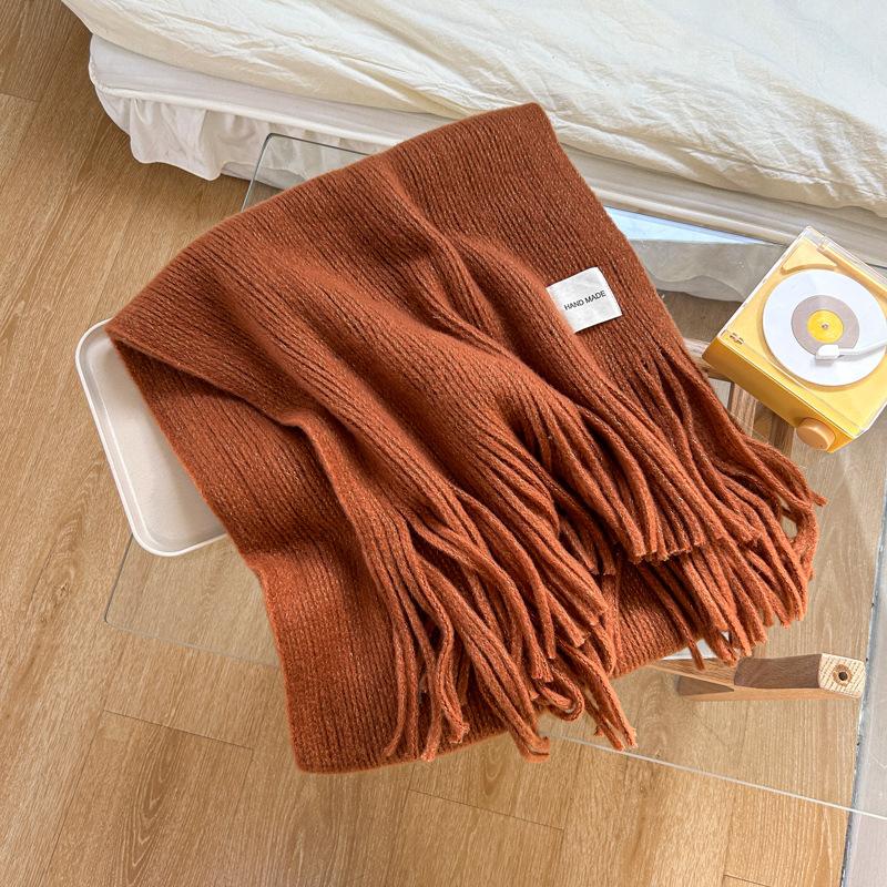 Korean Style Knitted Woolen Scarf for Women Winter New Solid Color White Student Long Warm Scarf High End