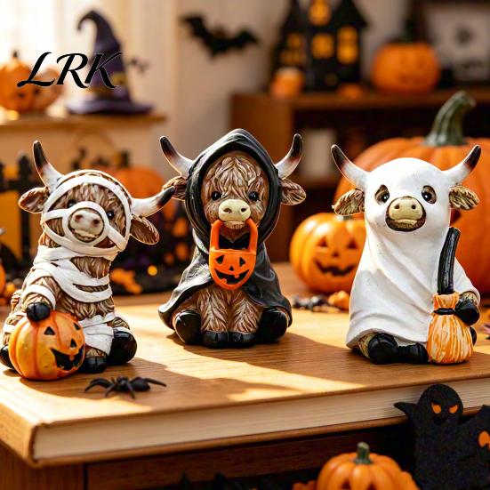 Whimsical Halloween Table Decor Highland Cow Statue Decor, Funny Resin Ghost Figurine for Home Mantel Decorations Office Tiered Tray Desk Shelf