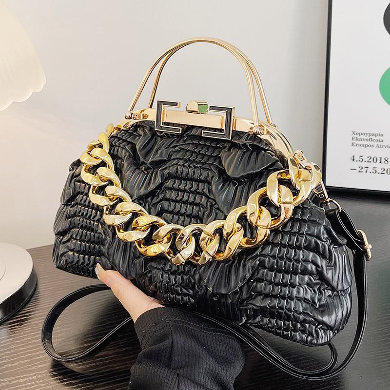 Women's Pleated PU Leather Shoulder Bags  Thick Chain  Messenger Bags  Luxurious Ladies Bags  Night Clutch  Gold  Pink  Green