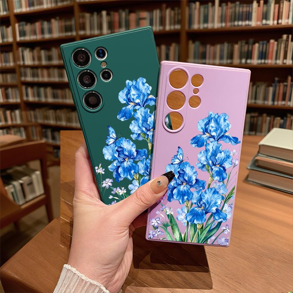 Blue Irises with Butterfly Soft TPU Case Slim Shockproof Protective Cover For Samsung Galaxy S Ultra FE Plus A Series 5G