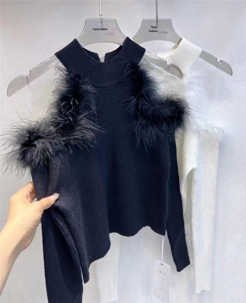 Women's Off-the-Shoulder White Knit Top – Fur Patchwork, Slim Fit, Long Sleeve, Autumn/Winter