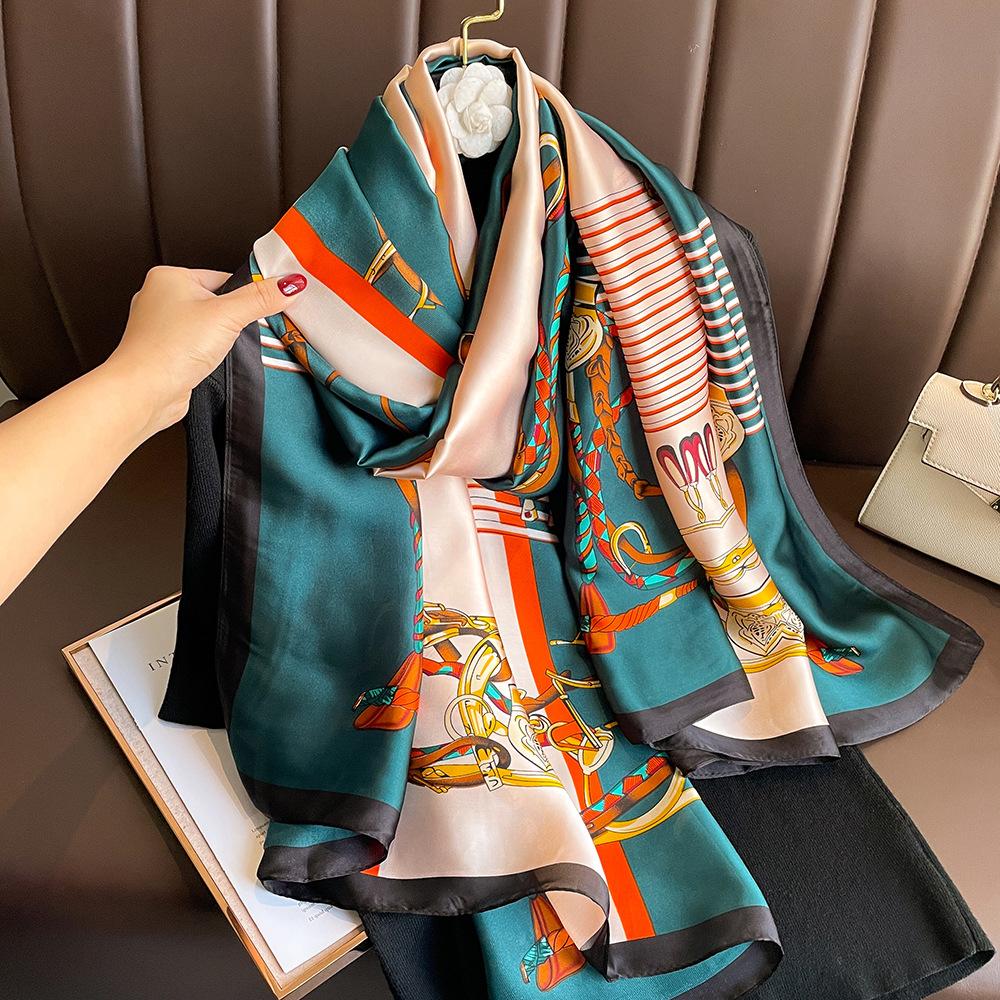 New silk scarf new silk satin printed shawl holiday fashion sunscreen long section simulation silk scarf