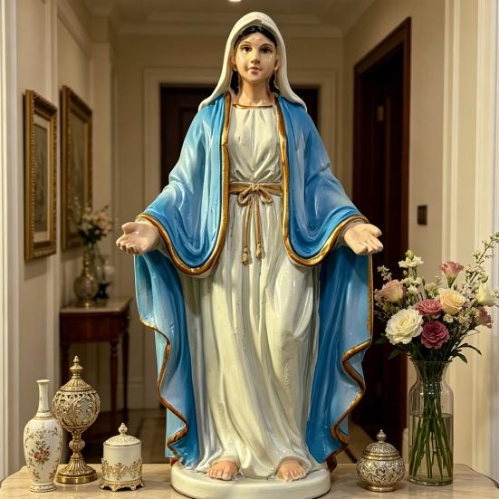 Blessed Mother Virgin Mary Statue with Open Arm Religious Catholic Sculpture Hand Painted Saint Mary Figurine for Indoor Home Decor