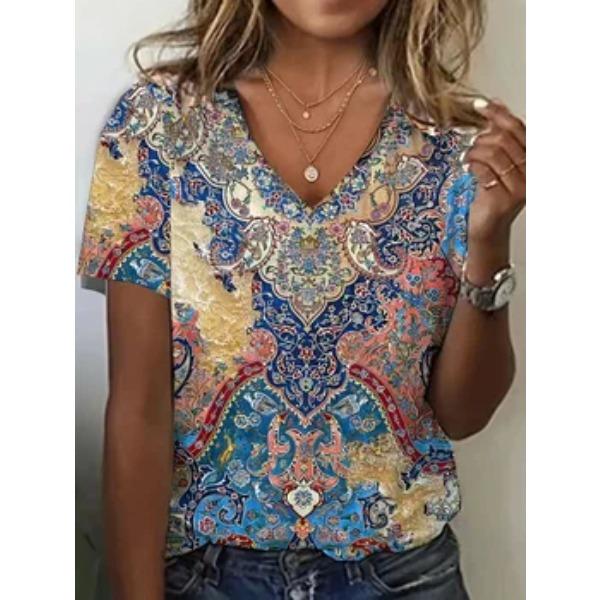V-neck Bohemian Style 3D Printed T-shirt for Summer Round Neck Short Sleeved Casual Women's T-shirts