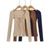 Women's Lace-Up U-Neck Slim Fit Long-Sleeve Ribbed Knit Top for Spring/Autumn