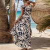 Women Vacation Dress V Neck Hollow Out Waist Irregular Patchwork Hem Leaf Print Sleeveless Back Zipper Closure Beach Boho Dress