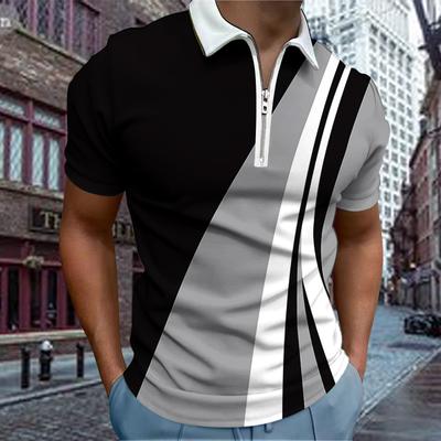 Lässiges T-Shirt mit Revers für junge Herren, modisches T-Shirt mit Reißverschluss, kurzärmeliges T-Shirt für Herren, dreifarbiges 3D-T-Shirt mit unregelmäßigem quadratischem Aufdruck
