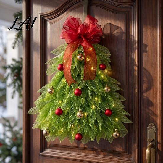 Christmas Tree Door Hanger Handmade Wreath for Front Door Xmas Shaped Teardrop Swag Holiday Decor with Light Hanging Bow And Berries Home Wall Gift