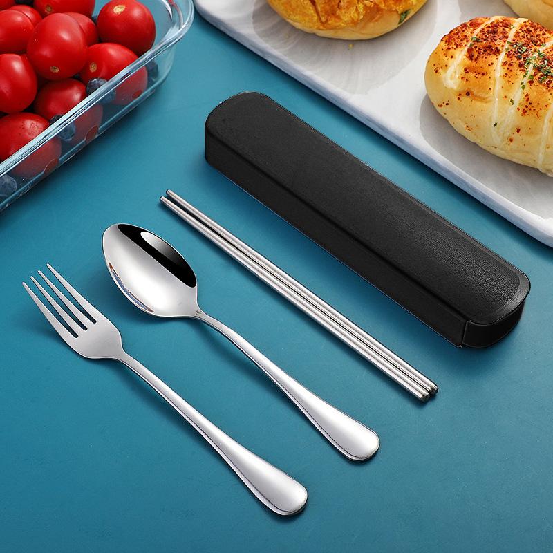 Stainless steel portable storage tableware set, chopsticks, spoons, student office workers with box, fork and spoon three-piece set